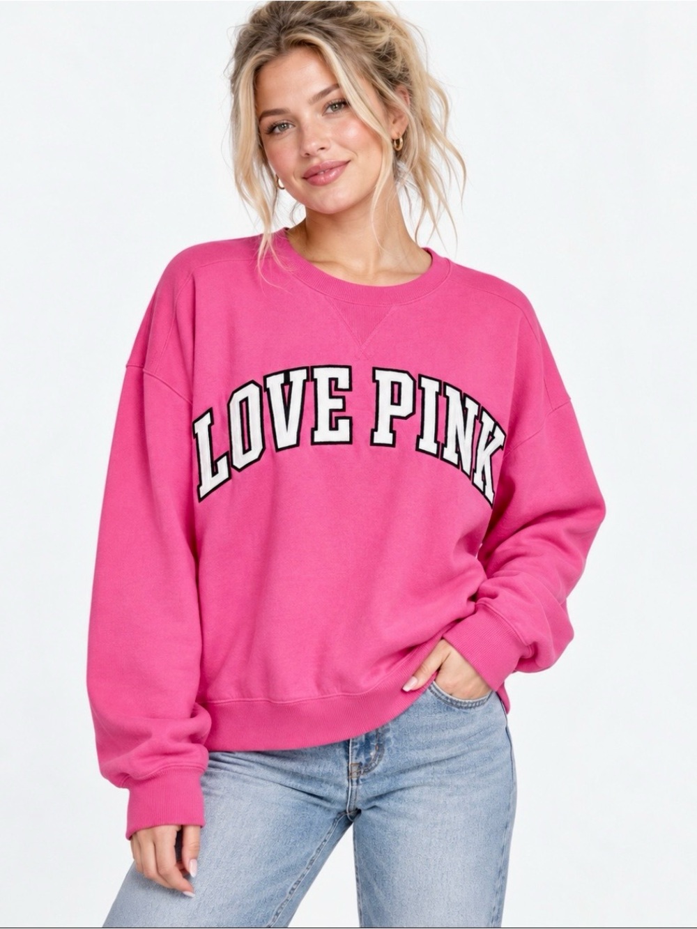 Victoria’s Secret PINK Love PINK Hot Pink Applique Crewneck Sweatshirt Large